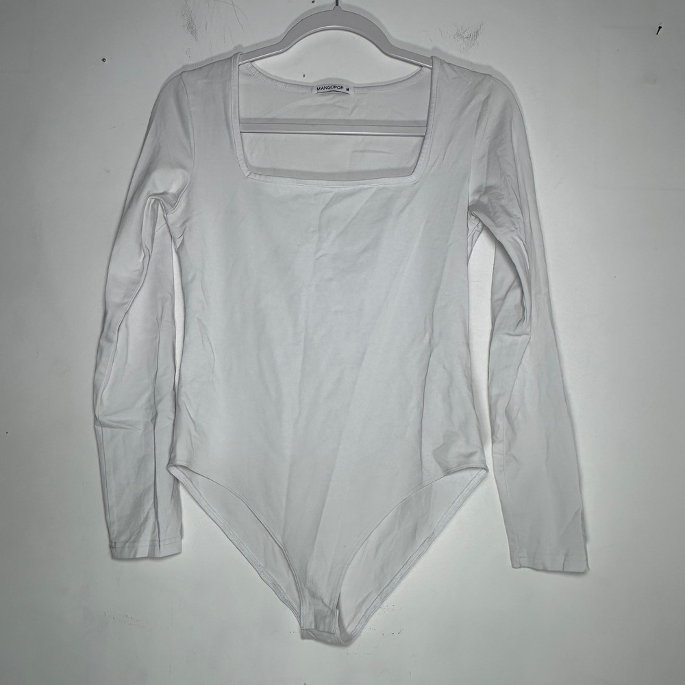 Mangopop Womens Square Neck Long Sleeve Bodysuit White Size M Solid Snap Closure
